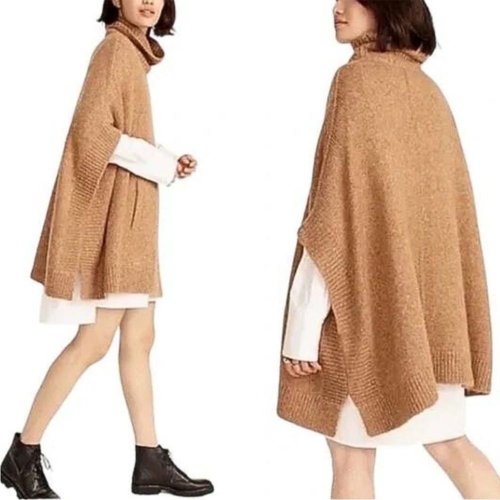 J. CREW Poncho Women S / M Relaxed Turtleneck Sweater Wool Alpaca Tan Camel